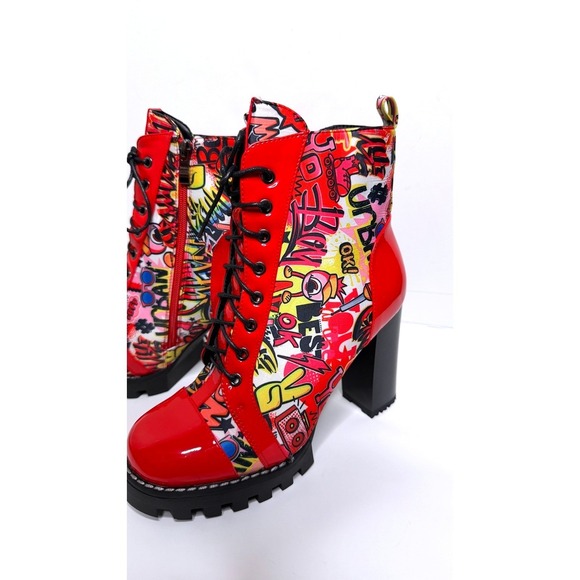 AZALEA WANG Graffiti Pop Art Red Patent Chunky Heel Lace Up Combat Boots  sz 10 - Picture 2 of 7